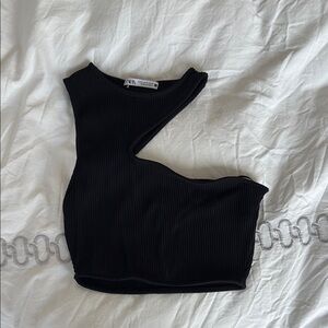 Black Ribbed Asymmetrical Crop Top